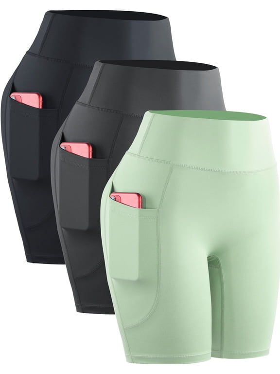 Womens Plus Size High Waist Yoga Spandex Shorts for Workout Compression with Pockets,Black+Gray+Light Green,US Size 2XL