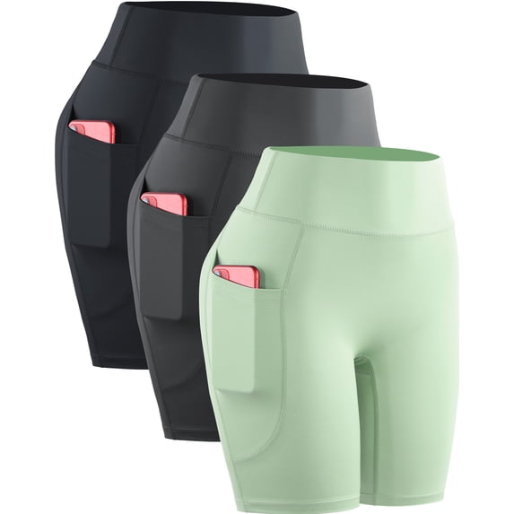 NELEUS Womens High Waist Yoga Spandex Shorts for Workout Compression with Pockets,Black+Gray+Light Green,US Size L