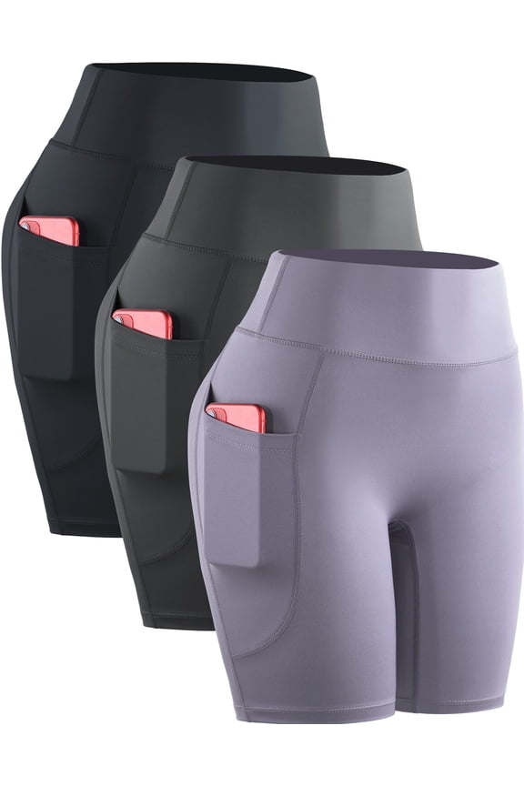 Womens High Waist Yoga Spandex Shorts for Workout Compression with Pockets,Black+Gray+Light Purple,US Size M