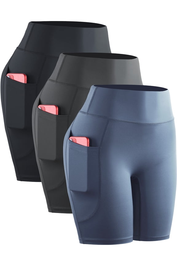 Womens High Waist Yoga Spandex Shorts for Workout Compression with Pockets,Black+Gray+Navy Blue,US Size L