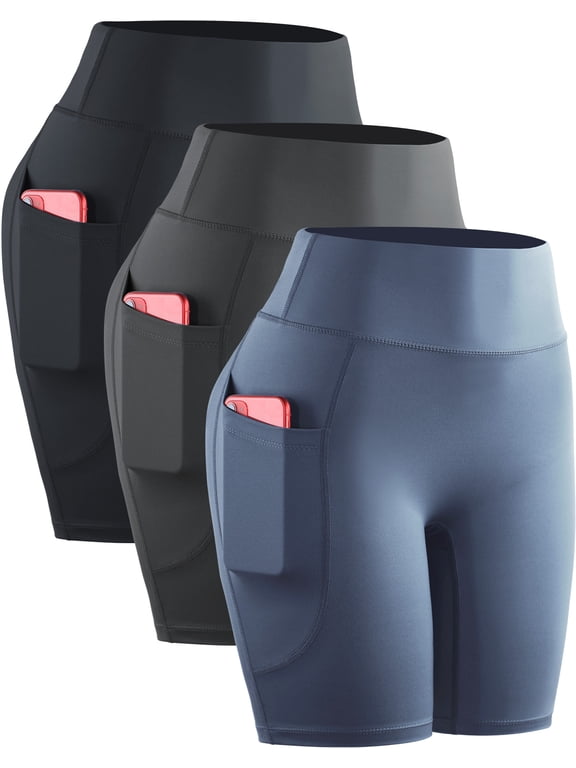 Womens High Waist Yoga Spandex Shorts for Workout Compression with Pockets,Black+Gray+Navy Blue,US Size L