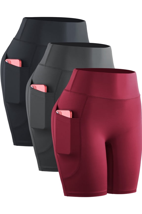Womens Plus Size High Waist Yoga Spandex Shorts for Workout Compression with Pockets,Black+Gray+Red,US Size 2XL