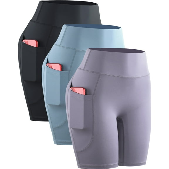 NELEUS Womens High Waist Yoga Spandex Shorts for Workout Compression with Pockets,Black+Light Blue+Light Purple,US Size L