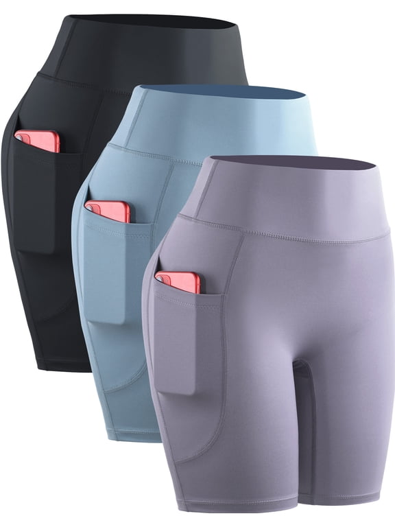 Womens High Waist Yoga Spandex Shorts for Workout Compression with Pockets,Black+Light Blue+Light Purple,US Size L