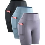 NELEUS Womens High Waist Yoga Spandex Shorts for Workout Compression with Pockets,Black+Light Blue+Light Purple,US Size M