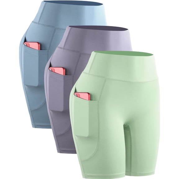 NELEUS Womens Plus Size High Waist Yoga Spandex Shorts for Workout Compression with Pockets,Light Blue+Light Purple+Light Green,US Size 2XL