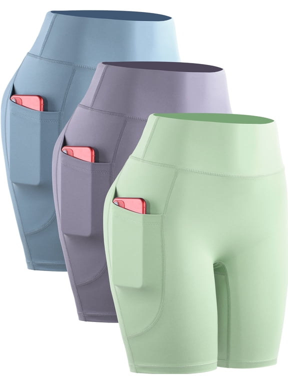 Womens Plus Size High Waist Yoga Spandex Shorts for Workout Compression with Pockets,Light Blue+Light Purple+Light Green,US Size 2XL