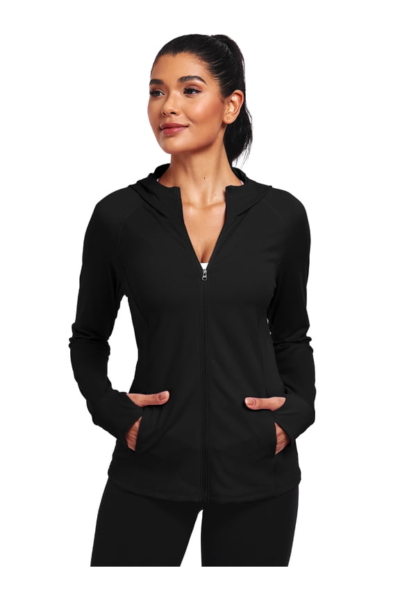 Womens Hooded Athletic Jackets Workout Jacket Full Zip with Thumb Holes and Pockets,Black,US Size L