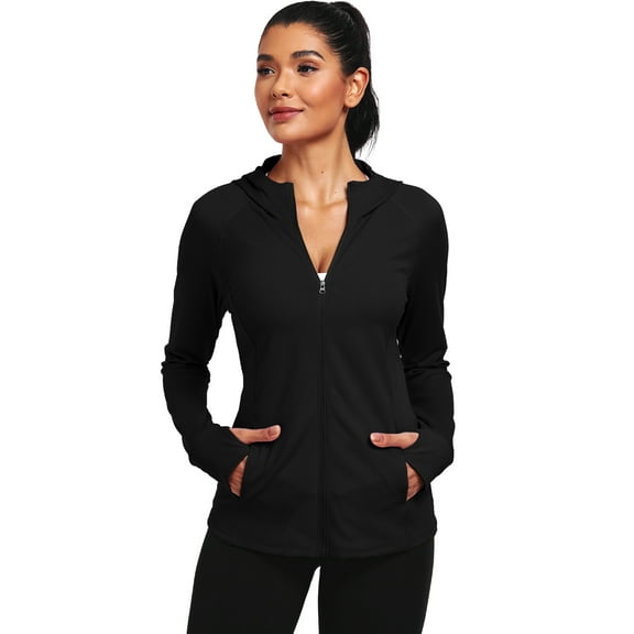 NELEUS Womens Hooded Athletic Jackets Workout Jacket Full Zip with Thumb Holes and Pockets,Black,US Size XL