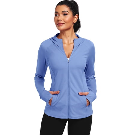 NELEUS Womens Hooded Athletic Jackets Workout Jacket Full Zip with Thumb Holes and Pockets,Blue,US Size L
