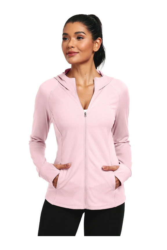 Womens Hooded Athletic Jackets Workout Jacket Full Zip with Thumb Holes and Pockets,Light Pink,US Size M