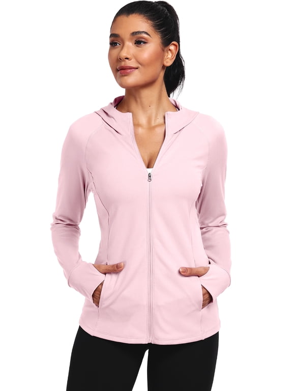 Womens Hooded Athletic Jackets Workout Jacket Full Zip with Thumb Holes and Pockets,Light Pink,US Size XL