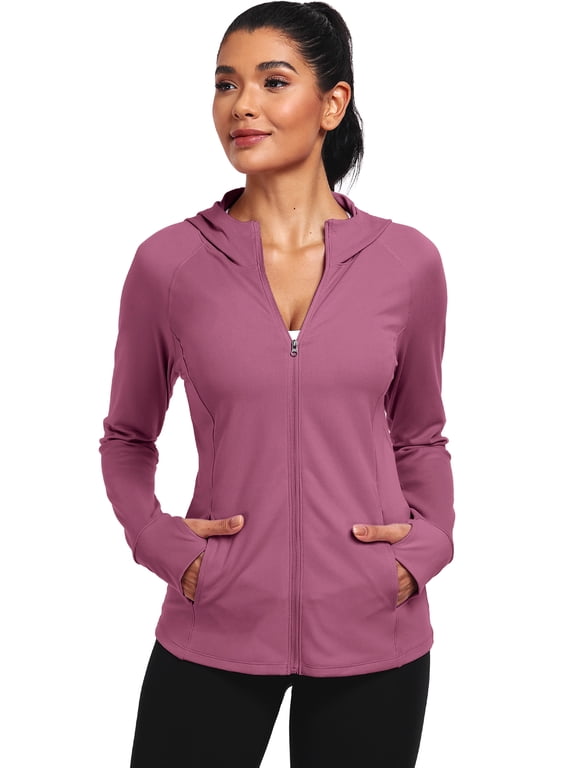 Womens Hooded Athletic Jackets Workout Jacket Full Zip with Thumb Holes and Pockets,Rose Red,US Size M