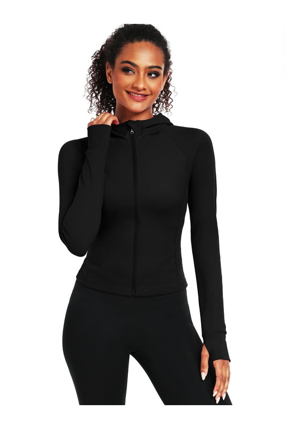Womens Hooded Athletic Jackets Zip Up Yoga Workout Jacket Slim Fit With 2 Inner Pockets,Black,US Size XL