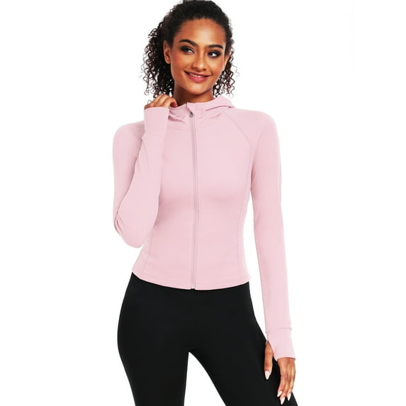 NELEUS Womens Hooded Athletic Jackets Zip Up Yoga Workout Jacket Slim Fit With 2 Inner Pockets,Light Pink,US Size L