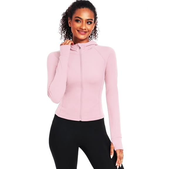 NELEUS Womens Hooded Athletic Jackets Zip Up Yoga Workout Jacket Slim Fit With 2 Inner Pockets,Light Pink,US Size L