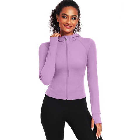 Womens Hooded Athletic Jackets Zip Up Yoga Workout Jacket Slim Fit With 2 Inner Pockets,Light Purple,US Size M