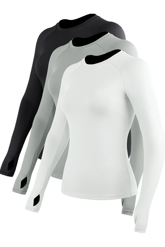 Womens Long Sleeve Shirt With Thumb Hole for Workout Yoga Running Quick-Drying,Black+Gray+White,US Size 2XL