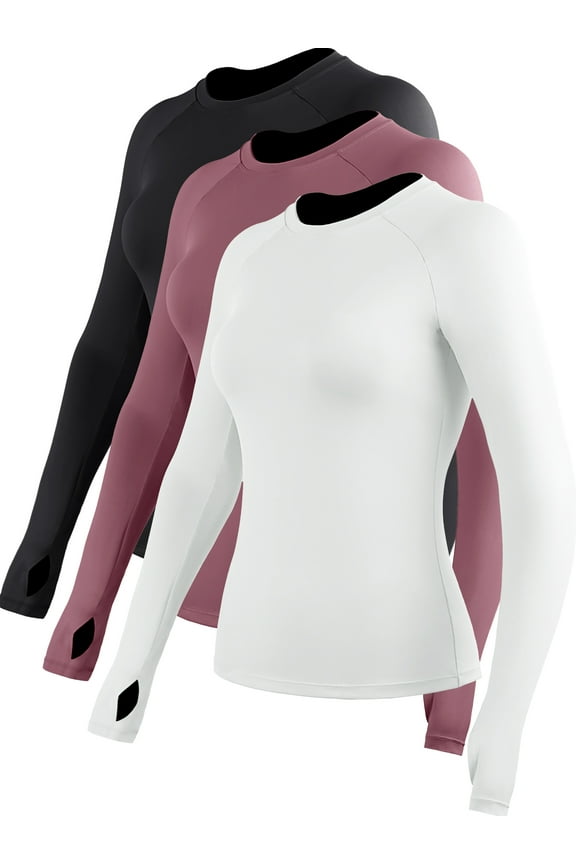 Womens Long Sleeve Shirt With Thumb Hole for Workout Yoga Running Quick-Drying,Black+Pink+White,US Size 2XL