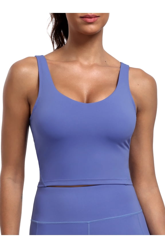 Womens Longline Sports Bra Cropped Workout Tank Top with Medium Support Wirefree Detachable Padded,Blue,US Size M