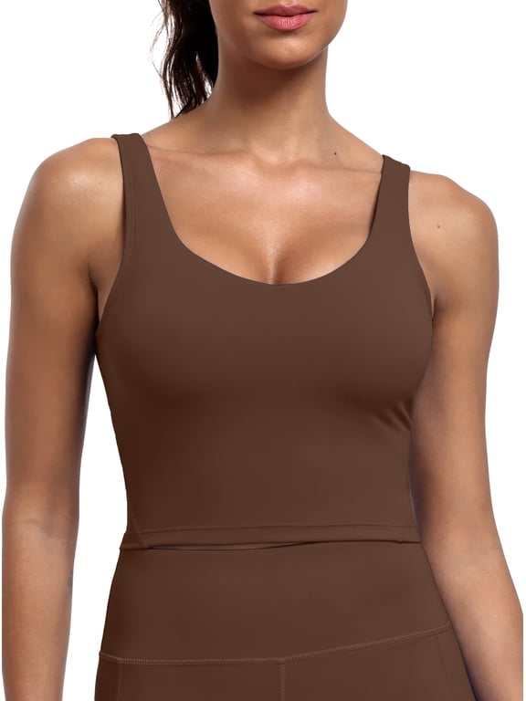 Womens Longline Sports Bra Cropped Workout Tank Top with Medium Support Wirefree Detachable Padded,Coffee Brown,US Size 2XL