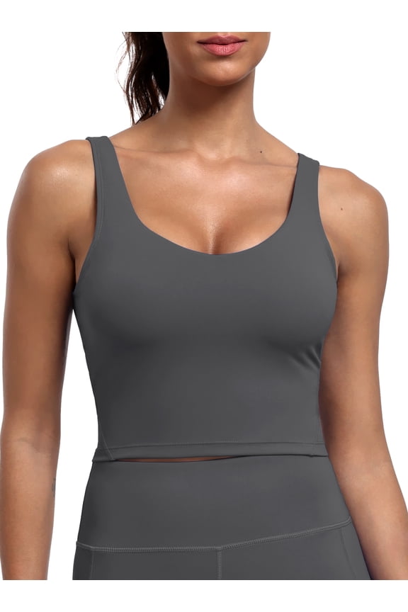 Womens Longline Sports Bra Cropped Workout Tank Top with Medium Support Wirefree Detachable Padded,Gray,US Size XL