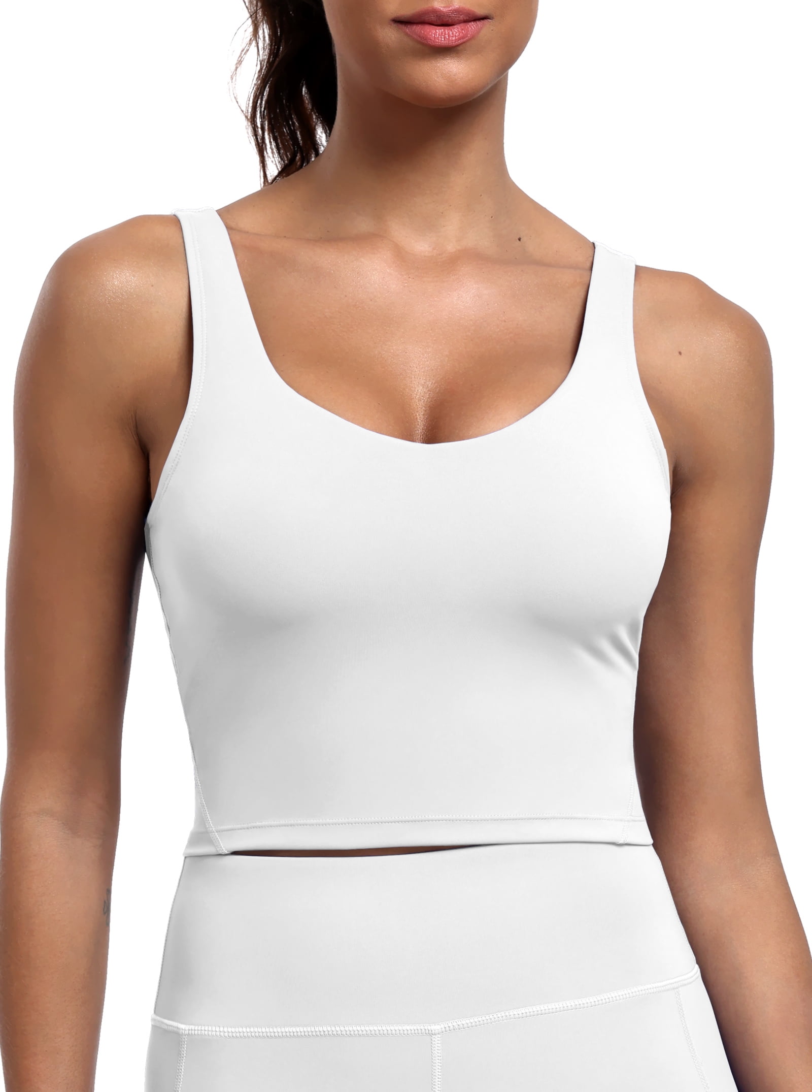 Womens Longline Sports Bra Cropped Workout Tank Top with Medium Support Wirefree Detachable Padded,White,US Size M