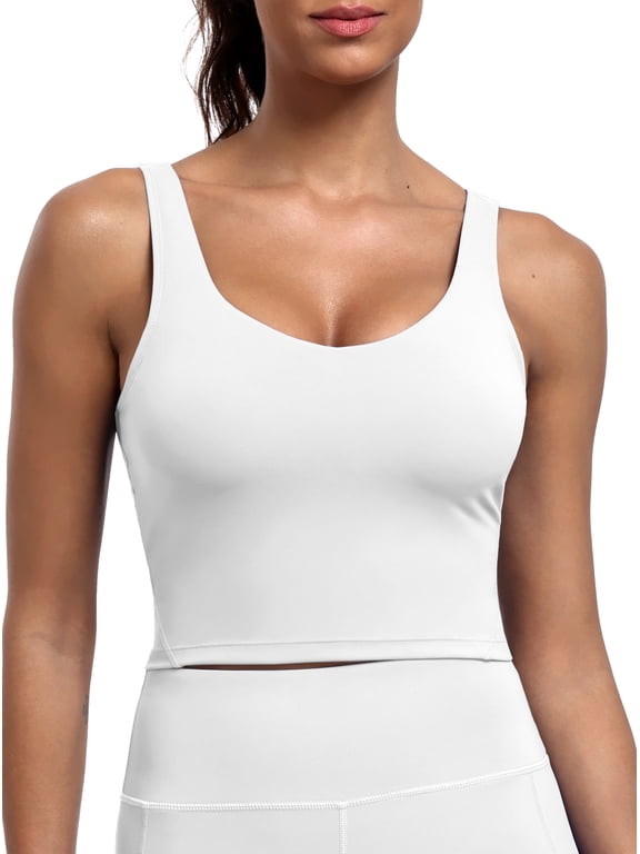 Womens Longline Sports Bra Cropped Workout Tank Top with Medium Support Wirefree Detachable Padded,White,US Size M