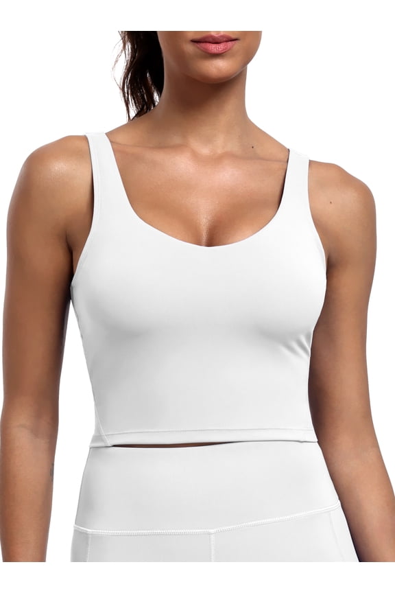 Womens Longline Sports Bra Cropped Workout Tank Top with Medium Support Wirefree Detachable Padded,White,US Size S