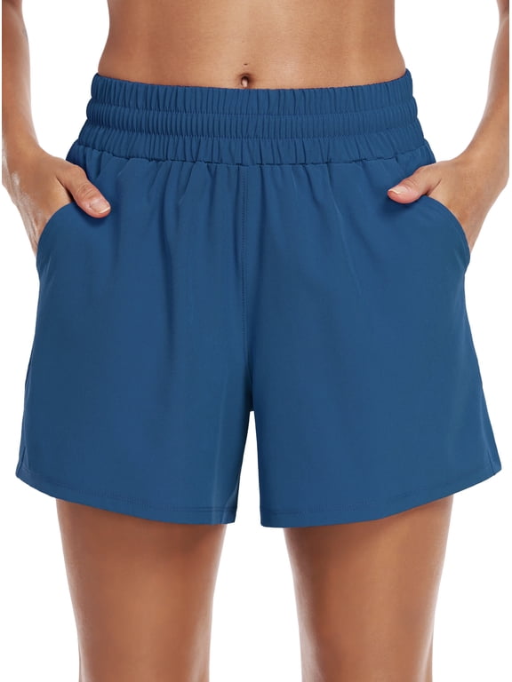 Womens Plus Size Athletic Shorts High Waist Running Short Gym Workout Shorts with Pockets 5" Sports Shorts,Navy Blue,US Size 2XL