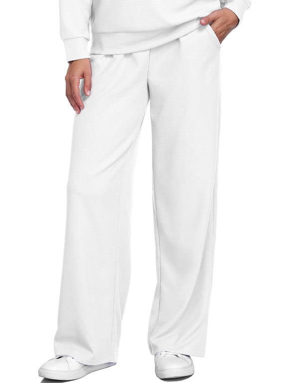 Womens Plus Size Waffle Knit Sweatpants High Waist Wide Leg Loose Comfy Pants with Pockets Casual Athletic,White,US Size 2XL