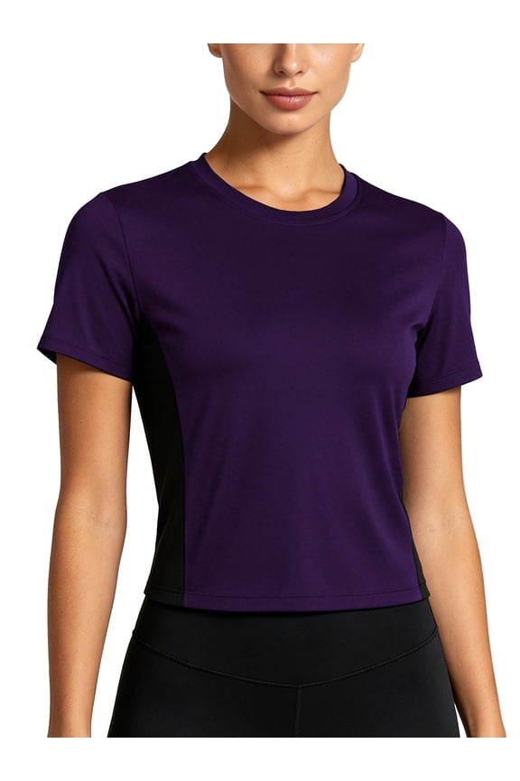 Womens Plus Size Workout Shirts Athletic Running Yoga Short Sleeve Tops Tight Fit Breathable Crewneck,Dark Purple,US Size 2XL