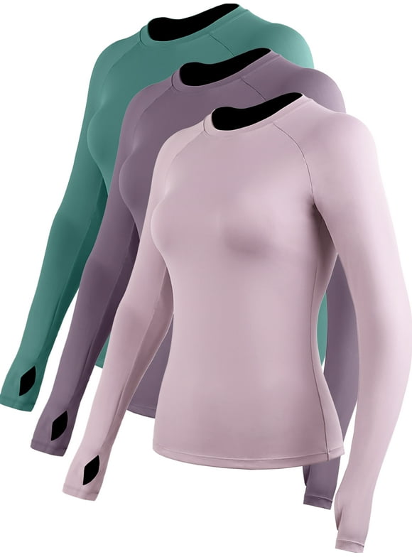 NELEUS Womens Quick-Drying Running Long Sleeve Shirt for Workout With Thumb Hole Cuffs,Light Pink+Purple+Dark Green,US Size XL