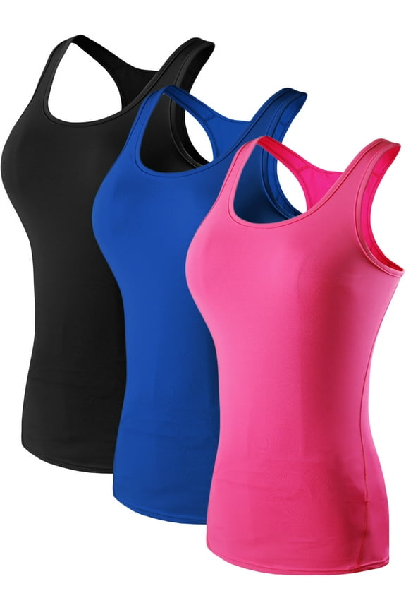 Womens Tight Fitting Base Layer Dry Fit Tank Top 3 Pack,Black+Blue+Pink,US Size XL