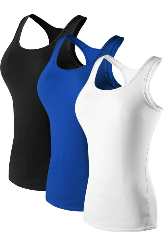 Womens Tight Fitting Base Layer Dry Fit Tank Top 3 Pack,Black+Blue+White,US Size 3XL