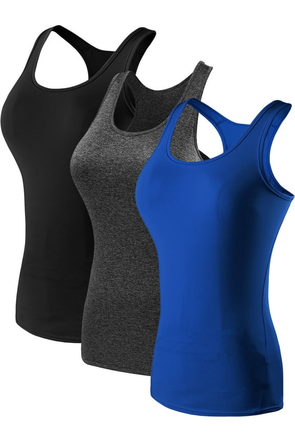 Womens Tight Fitting Base Layer Dry Fit Tank Top 3 Pack,Black+Gray+Blue,US Size L