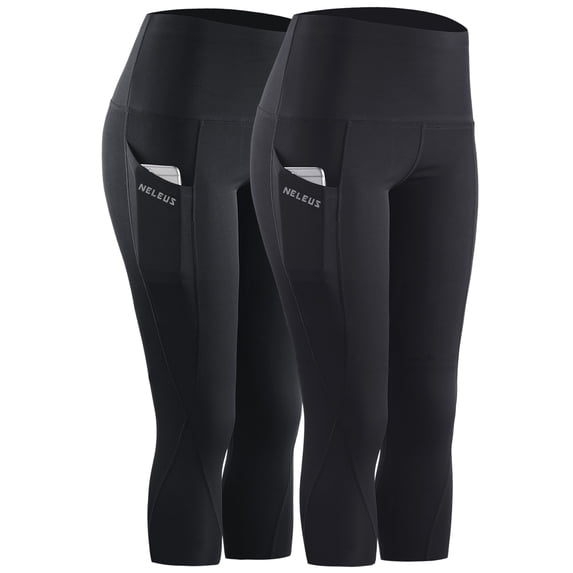 NELEUS Womens Tummy Control High Waist Capri Yoga Leggings with Pocket,Black+Black,US Size M