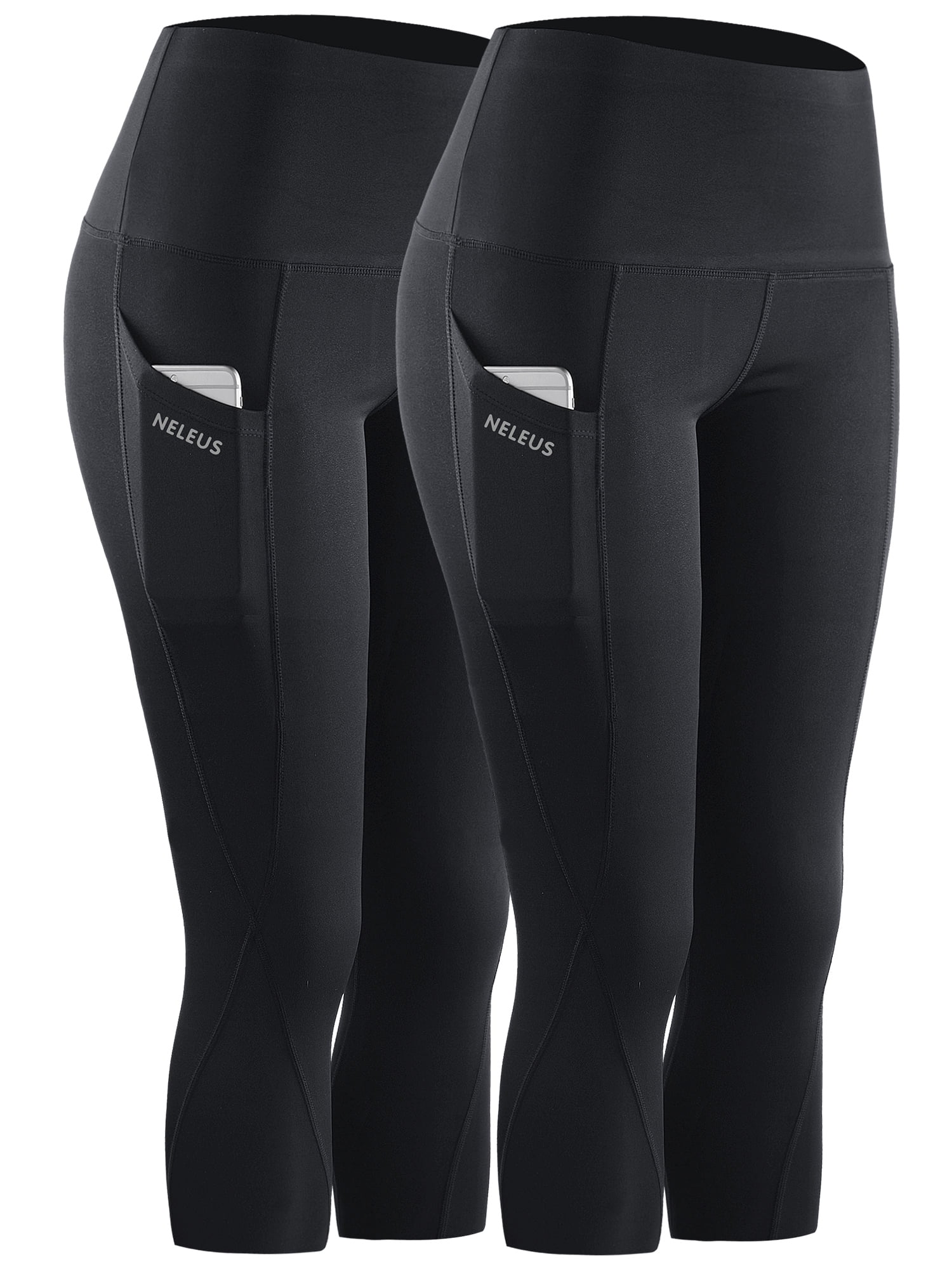Womens Tummy Control High Waist Capri Yoga Leggings with Pocket,Black+Black,US Size XL