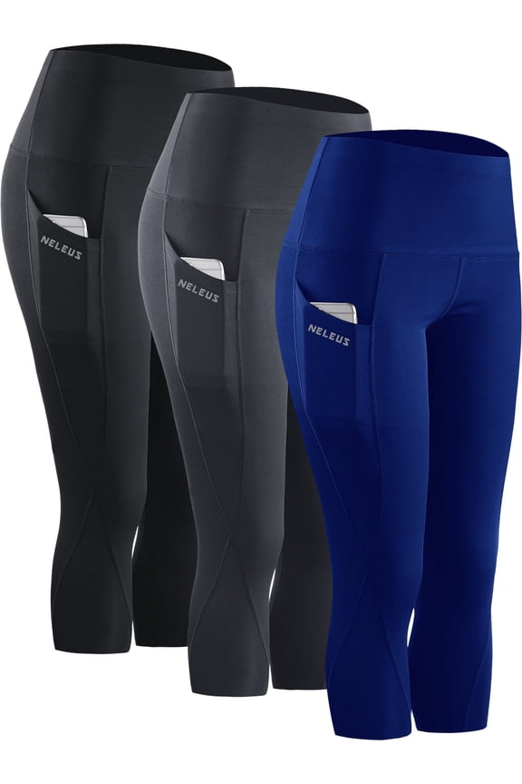 Womens Plus Size Tummy Control High Waist Capri Yoga Leggings with Pocket,Black+Gray+Blue,US Size 3XL