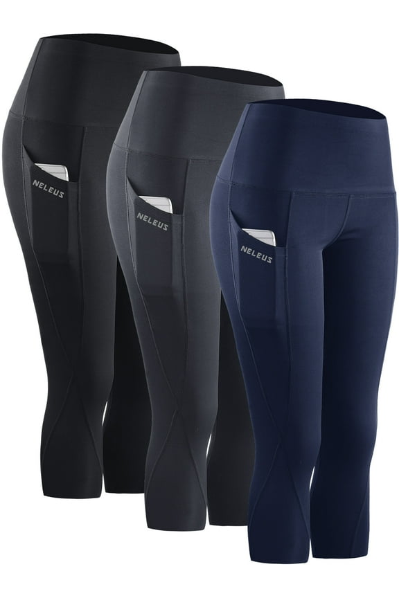 Womens Tummy Control High Waist Capri Yoga Leggings with Pocket,Black+Gray+Navy Blue,US Size 2XL