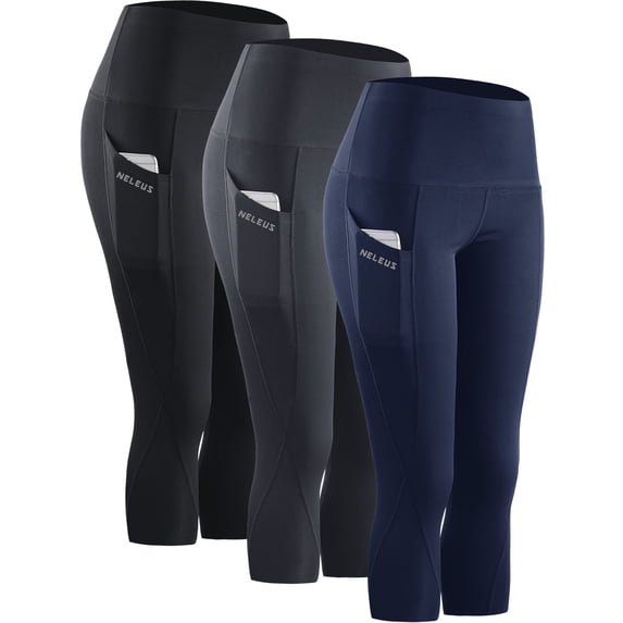 NELEUS Womens Tummy Control High Waist Capri Yoga Leggings with Pocket,Black+Gray+Navy Blue,US Size M