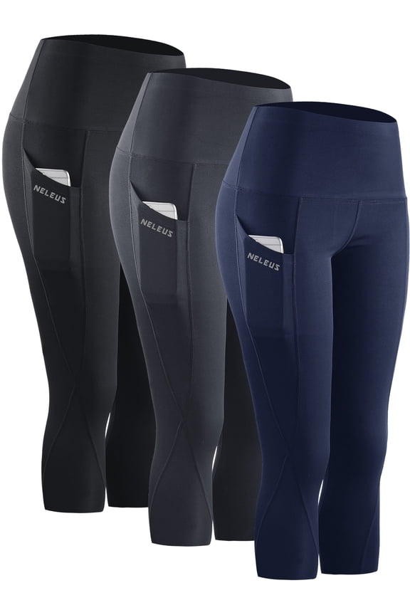 Womens Tummy Control High Waist Capri Yoga Leggings with Pocket,Black+Gray+Navy Blue,US Size M