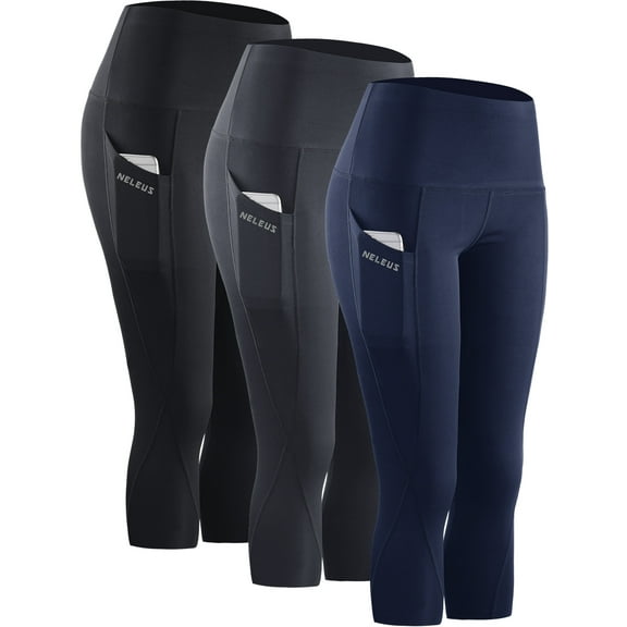NELEUS Womens Tummy Control High Waist Capri Yoga Leggings with Pocket,Black+Gray+Navy Blue,US Size S