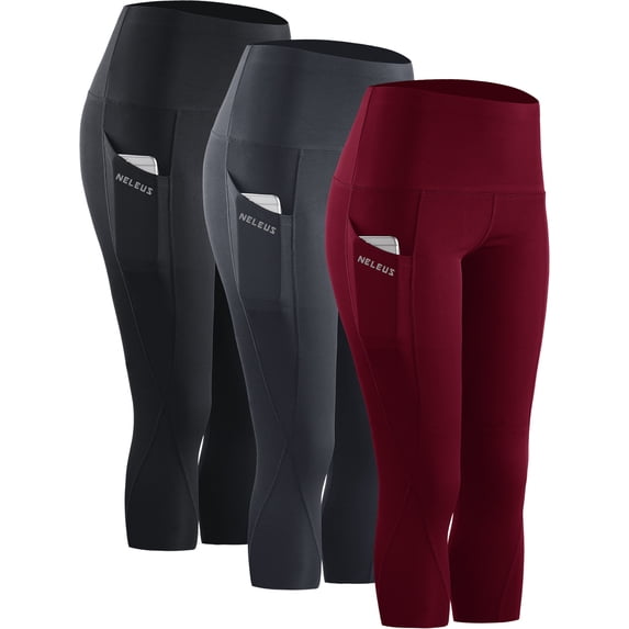 NELEUS Womens Tummy Control High Waist Capri Yoga Leggings with Pocket,Black+Gray+Red,US Size S