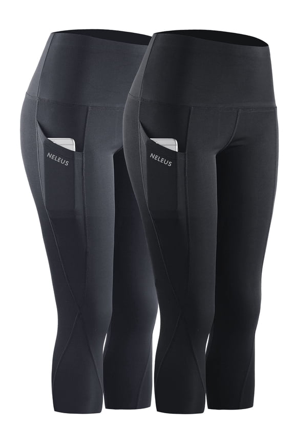 Womens Plus Size Tummy Control High Waist Capri Yoga Leggings with Pocket,Black+Gray,US Size 2XL