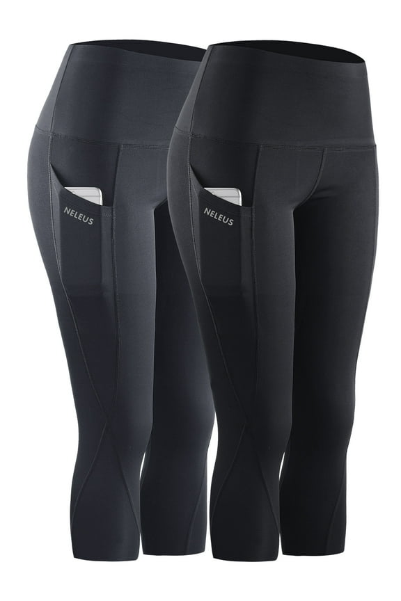 Womens Tummy Control High Waist Capri Yoga Leggings with Pocket,Black+Gray,US Size 2XL