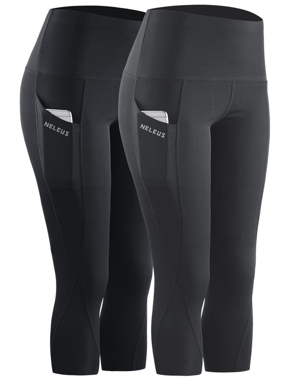 Womens Tummy Control High Waist Capri Yoga Leggings with Pocket,Black+Gray,US Size L