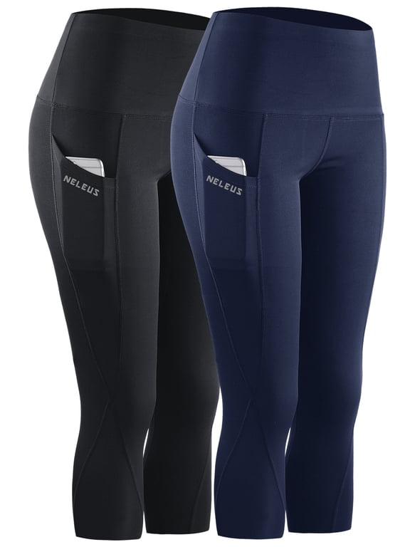 Womens Plus Size Tummy Control High Waist Capri Yoga Leggings with Pocket,Black+NavyBlue,US Size 2XL