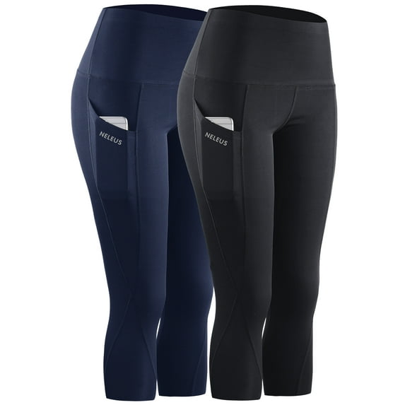 NELEUS Womens Tummy Control High Waist Capri Yoga Leggings with Pocket,Black+NavyBlue,US Size S