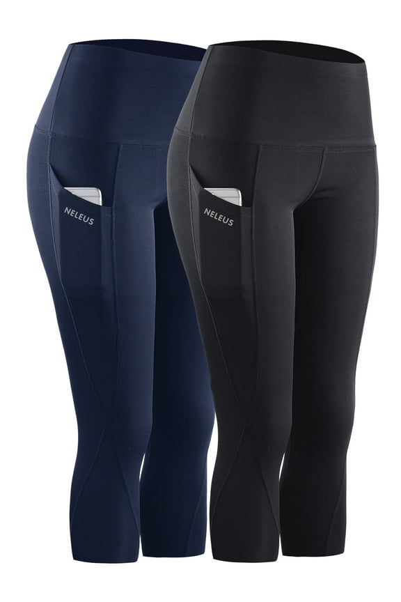 Womens Tummy Control High Waist Capri Yoga Leggings with Pocket,Black+NavyBlue,US Size XL
